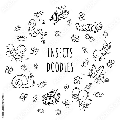 Hand drawn icons set of cute insect in doodle sketch style. Vector illustration for icon, background, frame design.