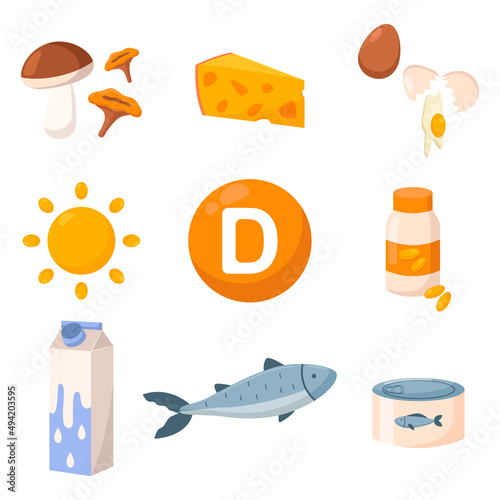 Healthy food enriched with vitamin D vector illustrations set. Sources of vitamin D, mushrooms, cheese, milk or yogurt, fish, canned tuna isolated on white background. Nutrition, health, diet concept