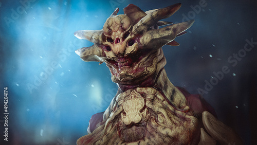 Bilde på lerret Digital 3d illustration of a demon creature with large horns in a blue environme
