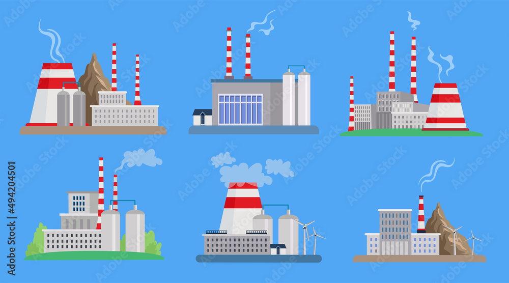 Oil, coal or energy factories vector illustrations set. Types of industrial buildings or plants, power stations isolated on blue background. Industry, production, electricity, environment concept