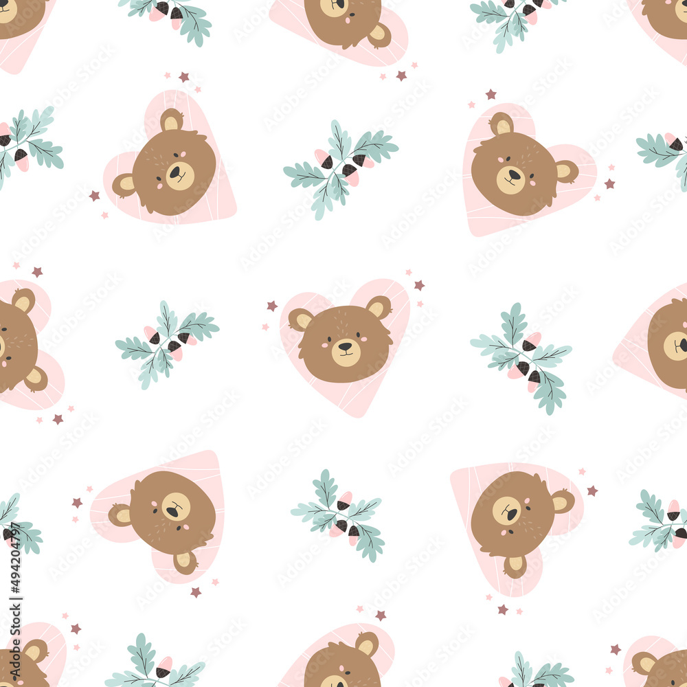 Seamless pattern with funny teddy bears and forest twigs Seamless pattern with funny teddy bears and forest twigs