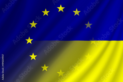 European Union (EU) and Ukraine. European Union flag and Ukraine flag. Concept of aid, association of countries, political and economic relations. Flag with ripples. OTAN-NATO flag.