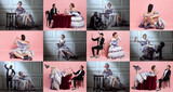 Collage made of cinematic portraits of young adorable woman in image of medieval royal person in evening dress with servant isolated on vintage and pink background.