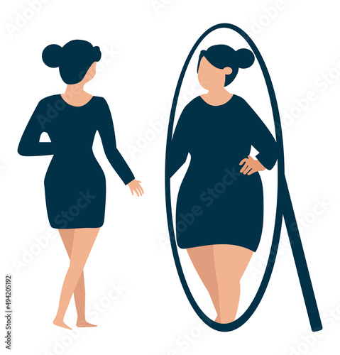 Girl Looking at Mirror and Seeing her Fat