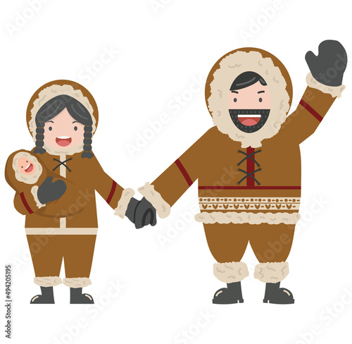 Eskimo Happy parents and baby  wearing fur coat