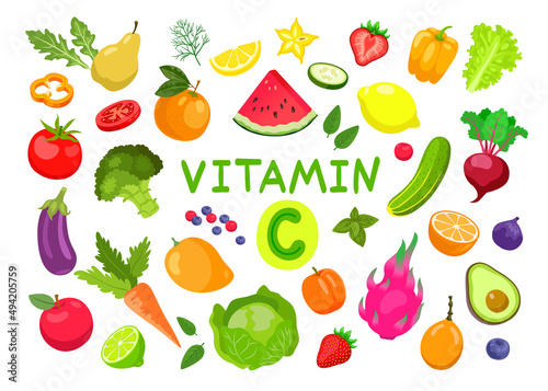 Fruit and vegetable with vitamin C vector illustrations set. Collection of cartoon drawings of enriched organic antioxidants, avocado, carrot, apricot, cucumber, lemon. Food, nutrition, diet concept