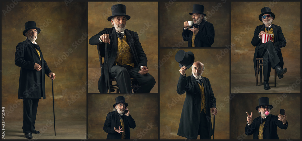 Old man in image of medieval royalty persons in vintage clothing isolated on dark background. Concept of comparison of eras, modernity and renaissance, baroque style. - obrazy, fototapety, plakaty 