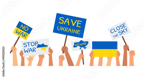 Raised hands of protesting people with banners, flag of ukraine and demands for no war. The concept of demonstration, rally, protest. Isolated flat vector illustration.