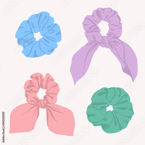 Set of scrunchie drawings. Vector, elastic hair accessories icon bundle.