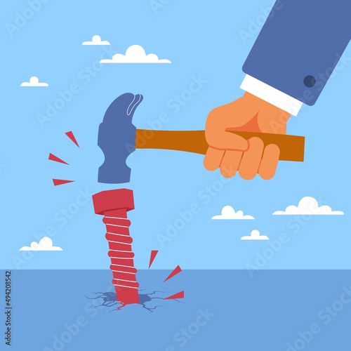 An unattainable success. Rash actions, ignorance problem, incompetent employee, hand holds hammer and hitting screw, mistakes at work, failure to achieve goal vector cartoon flat concept