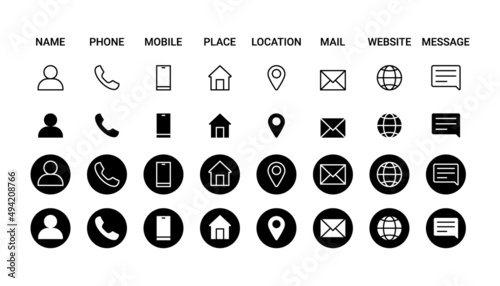 Business icon for company connection set in different style. Name, phone, mobile, place, location, mail, website and message card sign. Contact symbol design template. Vector illustration