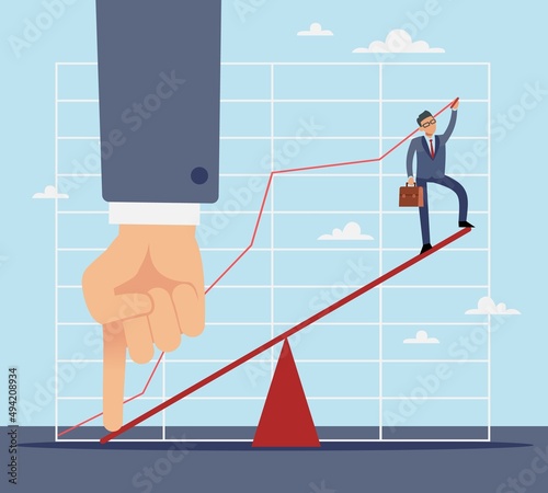 Business Growth Assistance. Businessman support. Scales and helping hand. Financial increase. Office worker achievements. Entrepreneur progress. Manager success growing. Vector concept