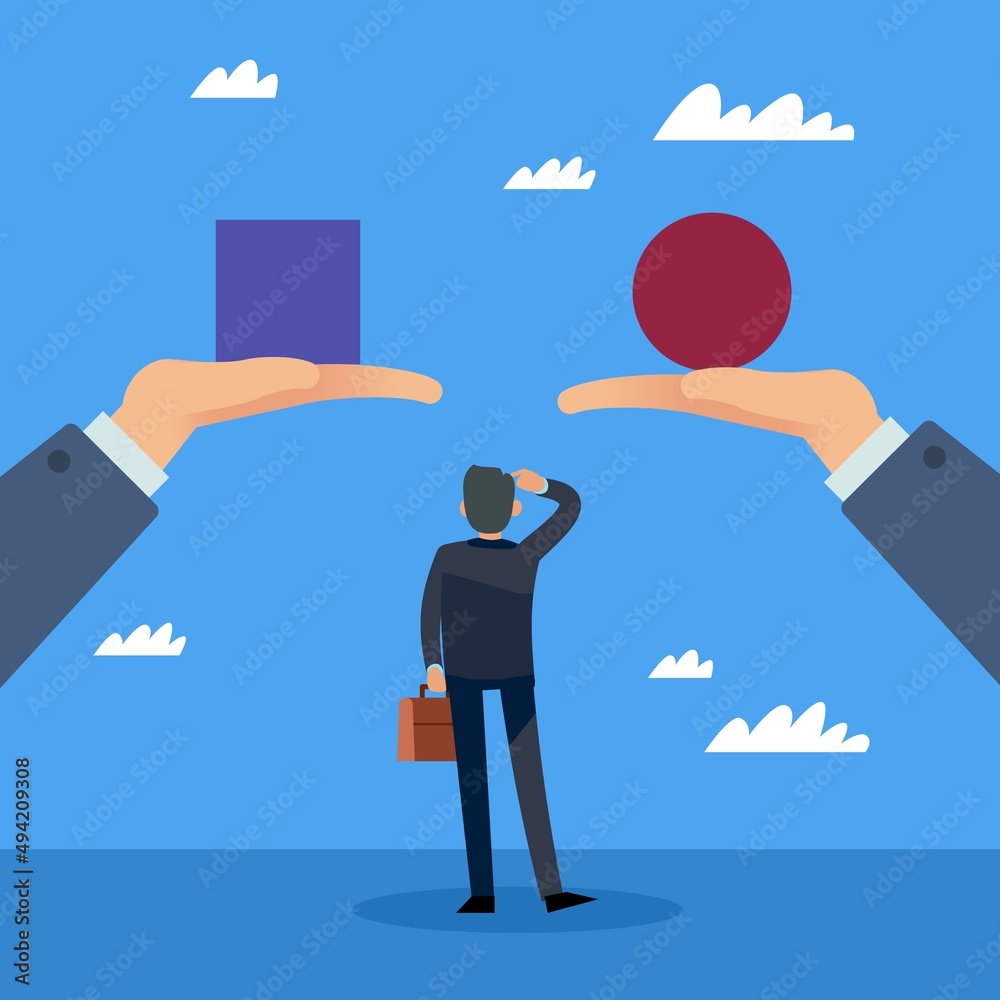 Choice. Providing an opportunity. Businessman chooses between two options, alternative ways of development, right and wrong decision, big dilemma, vector cartoon flat isolated concept Choice. Providing an opportunity. Businessman chooses between two options, alternative ways of development, right and wrong decision, big dilemma, vector cartoon flat isolated concept