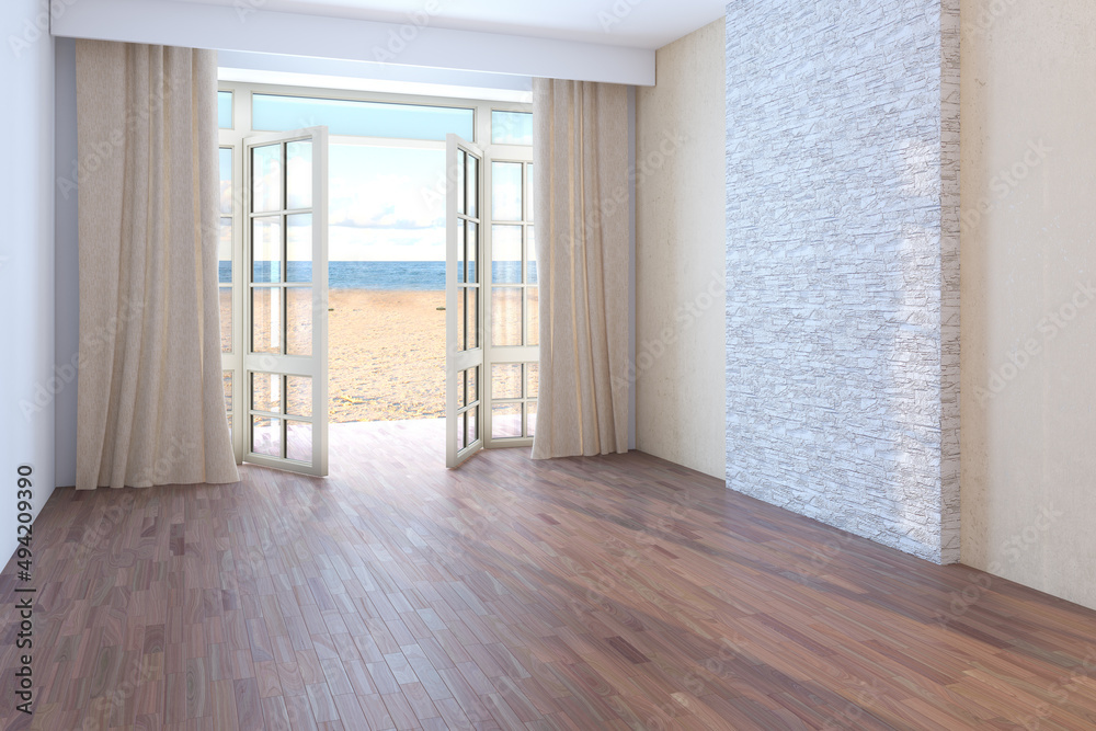 Fototapeta premium Hotel with Sea View. Empty Room with Open Windows Overlooking the Ocean, Yellow Sand and the Clouds. Dark Parquet, Beige Curtains and a Beige Stucco Wall with a Brickwork. 3D Rendering, 8K Ultra HD