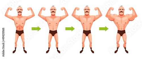 Man before and after sport. Cartoon sporty guy. Pumping muscles process. Weight gain stages and body building. Thin and muscular male. Posing sportsman. Fitness progress. Vector concept