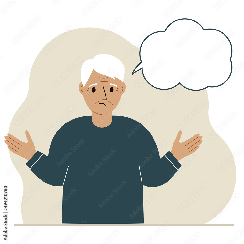 Elderly sad and upset grandfather thinks and empty thought, speech bubble. Hands are spread apart. Place for your text. Elderly sad and upset grandfather thinks and empty thought, speech bubble. Hands are spread apart. Place for your text.