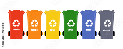 Different colored recycle bins with electronic, plastic, metal, glass, paper, organic waste. Separation of garbage into different containers. vector ESP10.