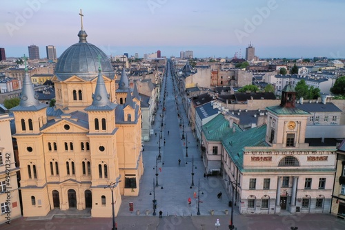 View on the street of the City of Łódź on the sunset