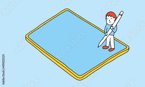 ペンを使ってタブレット端末に文字や絵を描こうとする子供のイラスト