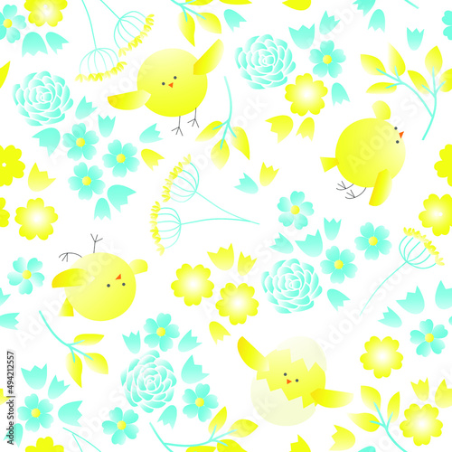 Vector illustration, seamless pattern with chicks and flowers, in yellow blue colors on a white background