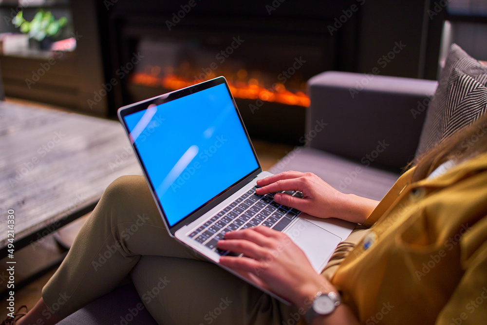 Female typing and using computer with white screen blank. Mockup laptop Female typing and using computer with white screen blank. Mockup laptop
