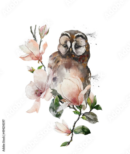 Watercolor arrangements with birds, owl and magnolia blooming branches  © Mikibith Art