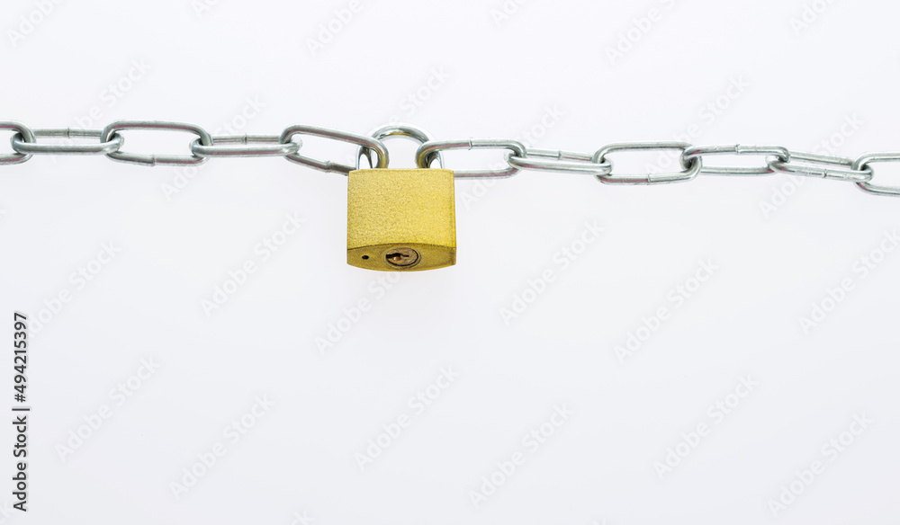 Brass padlock and metal chain isolated on white background Brass padlock and metal chain isolated on white background