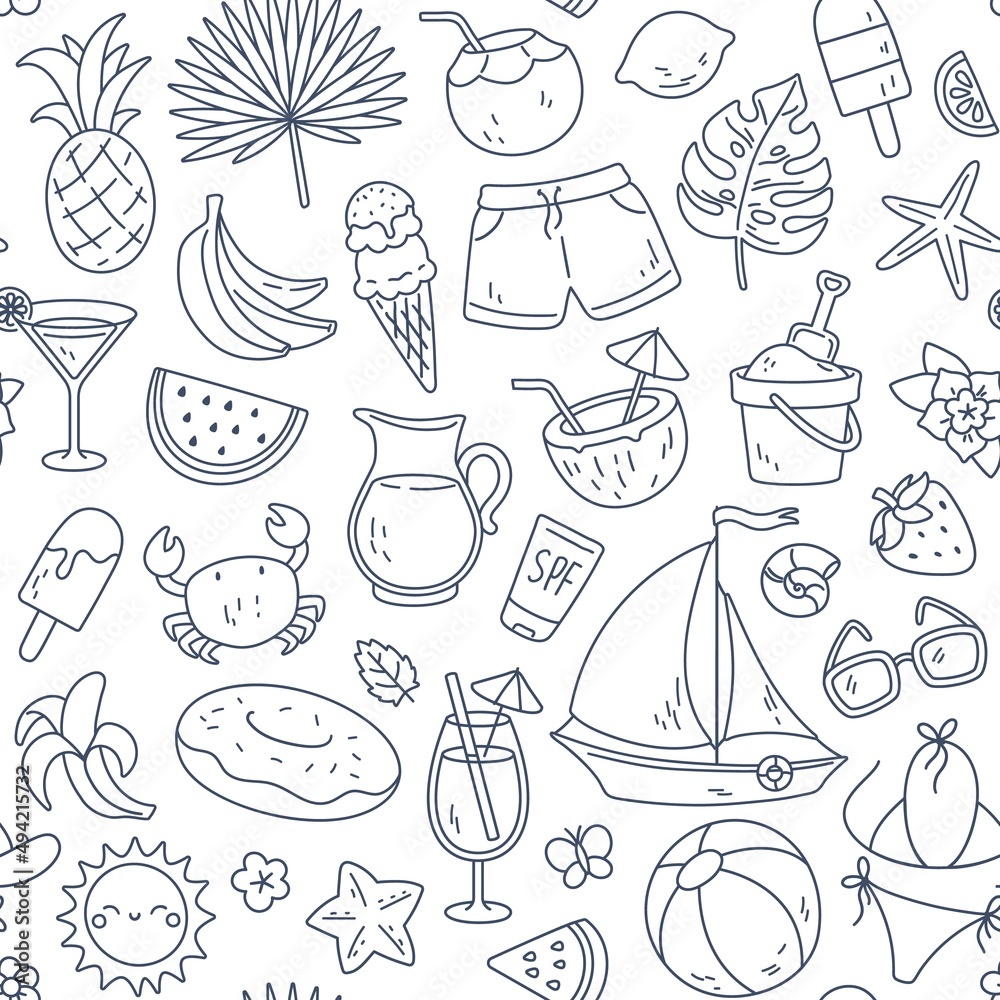 Hand drawn summer doodle seamless pattern, vacation and travel texture. Textile print with tropical leaves, fruits and cocktails sketches, cute summertime line doodles vector background Hand drawn summer doodle seamless pattern, vacation and travel texture. Textile print with tropical leaves, fruits and cocktails sketches, cute summertime line doodles vector background