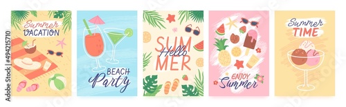 Summer posters with exotic leaves and fruits, tropical vacation banner. Beach party flyer with cocktails, summertime poster template vector set