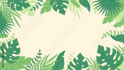 Summer frame with tropical palm leaves, green jungle foliage border. Sale promotion banner, greeting card template, summertime vector background