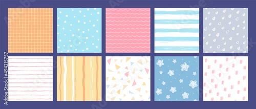 Fototapeta Naklejka Na Ścianę i Meble -  Abstract geometric patterns with lines, dots, triangles and stars for kids textile print. Cute childish wallpaper textures, simple doodle shapes seamless pattern vector set