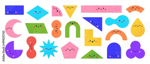 Geometric shapes with funny faces, cute star and triangle shape characters for kids. Colorful basic geometry figures with different emotions, preschool education elements vector set © Your Local Llamacorn