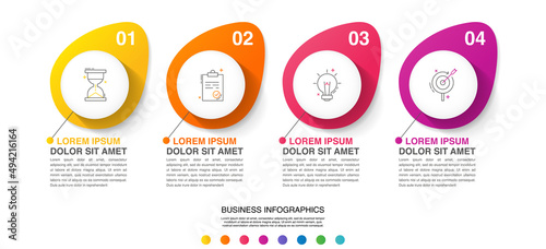 Vector line infographics with 4 circles, labels. Modern business concept graphic process template with four steps and icons. Graphic timeline for a project on white background