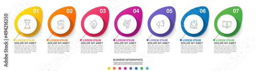 Vector line infographics with 7 circles, labels. Modern business concept graphic process template with seven steps and icons. Graphic timeline for a project on white background