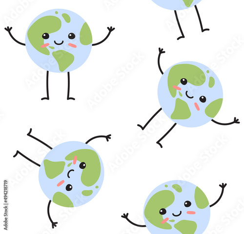 Vector seamless pattern of hand drawn flat planet Earth with face isolated on white background