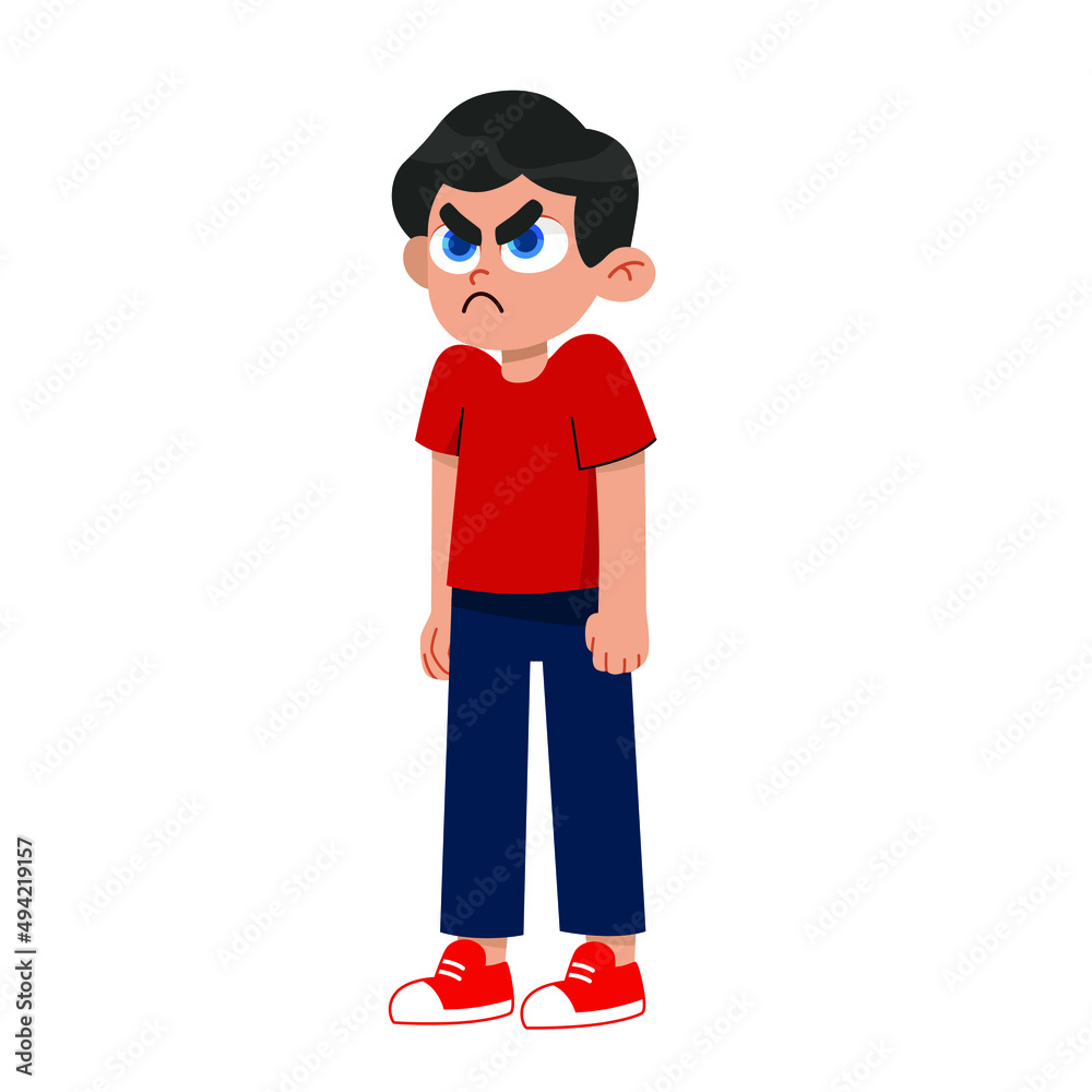 Vector illustration of a very angry boy standing in a pose, arms crossed, with a disgruntled look on his face. aggressive children 