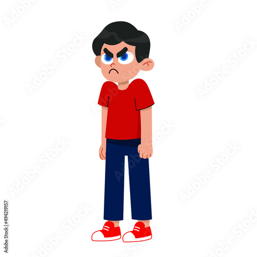 Vector illustration of a very angry boy standing in a pose, arms crossed, with a disgruntled look on his face. aggressive children 