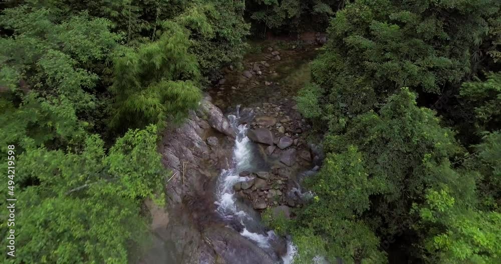 Drone flying over a flowing river in the rainforest in Malaysia Drone flying over a flowing river in the rainforest in Malaysia