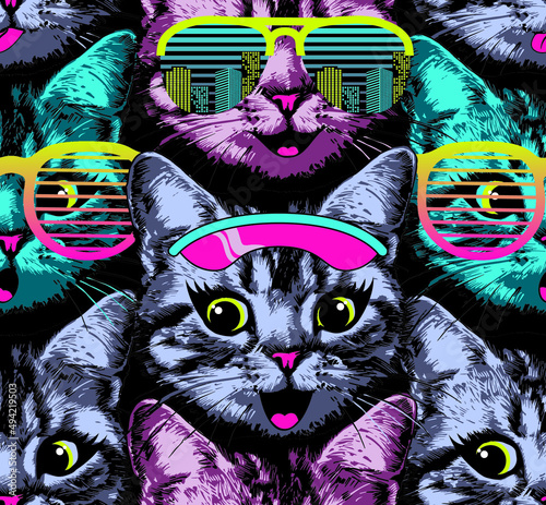 Happy kitten faces with sunglasses with city and visor. Seamless pattern. Cyber vector illustration.