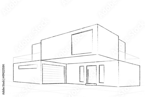 Modern house building sketch. Architectural plan of a Modern house. Construction perspective architecture designing line art background