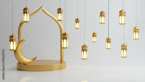 Islamic Background, Lantern, gold crescent moon on white. design concept of ramadan kareem, mawlid, iftar, Isra and miraj or eid al fitr adha, copy space text area, 3D illustration render. photo