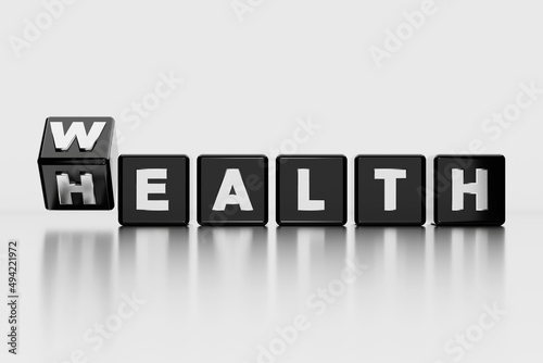 Black metal shining dice and wealth or health concept with reflection on white background.  Investment in life insurance and healthcare concept. 3D render