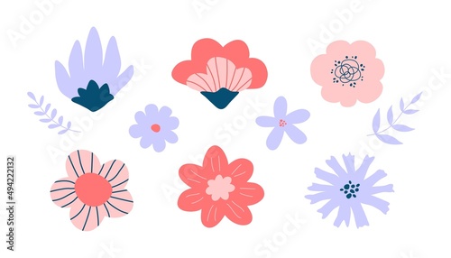 Flat spring flowers collection. Hand drawn blooming flowers. Floral concept isolated on a white background. Botanical doodle vector elements