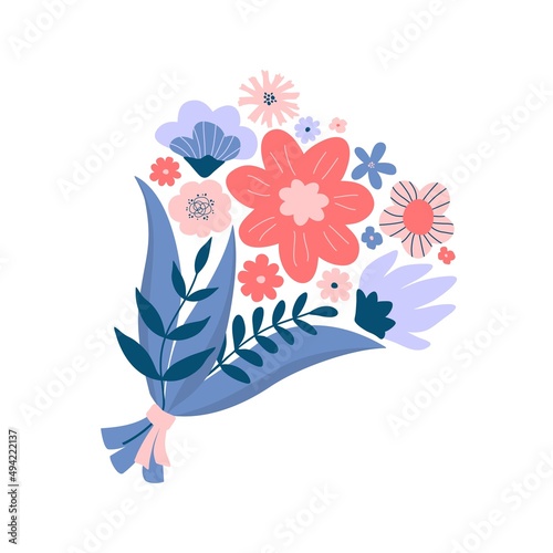 Flat flower bouquet. Hand drawn spring blooming flowers. Bouquet for wedding, birthday, mother's day or other celebration. Botanical doodle vector illustration