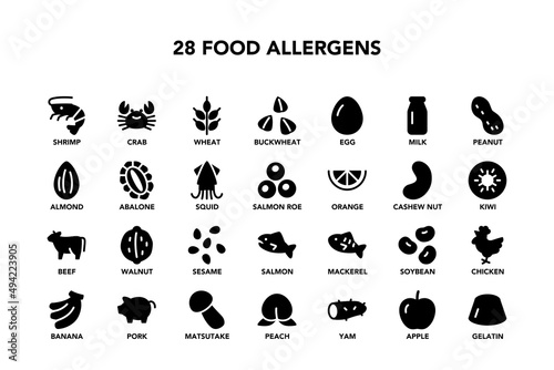 Food allergen icon set on white background