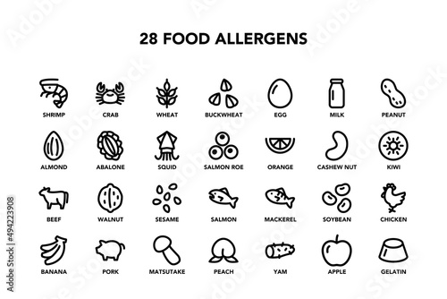Food allergen icon set on white background