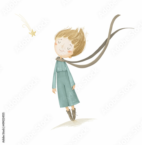 A hand-drawn little prince on a white background. Stock illustration.