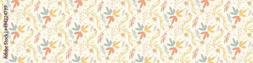 Pastel boho flowers seamless border pattern in trendy ditsy wildflower style. Hand drawn organic botanical fashion edging trim. Modern summer garden bloom in natural vintage cottage core ribbon banner