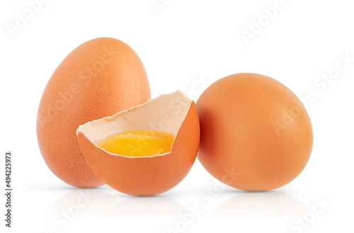 Composition of raw eggs isolated on white background. Close up