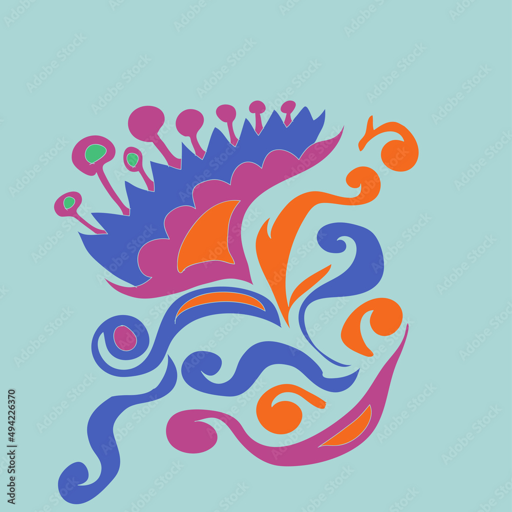 Stylized colored leaves, flower, spirals. Hand drawn. Stylized colored leaves, flower, spirals. Hand drawn.